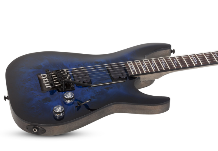 Corpo Mogno com Tampo Burl Arqueado e Acabamento See Thru Blue Burst