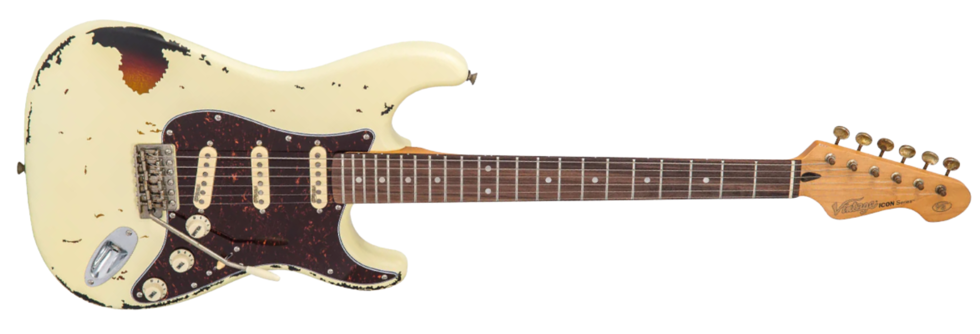 Guitarra Vintage Icon V6MRVW Destressed White On Sunburst